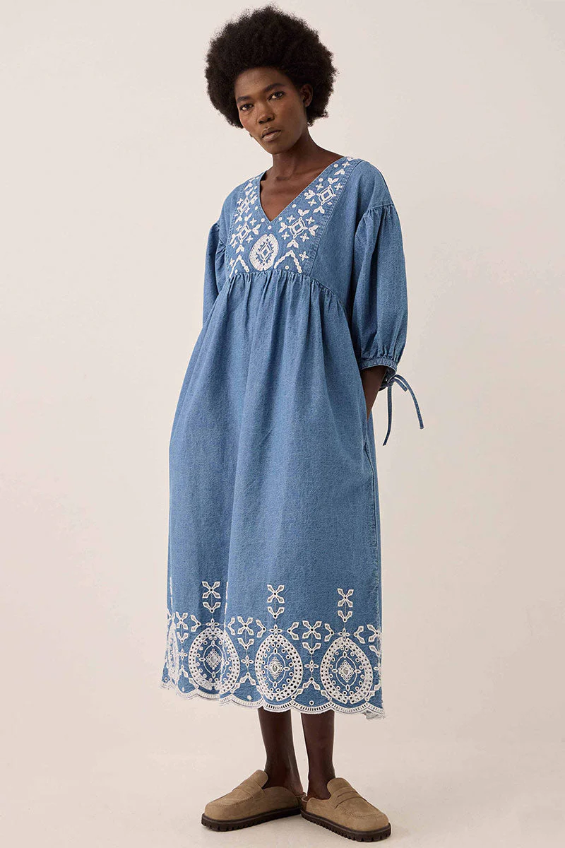 Coralie Denim Broderie Detailed Dress