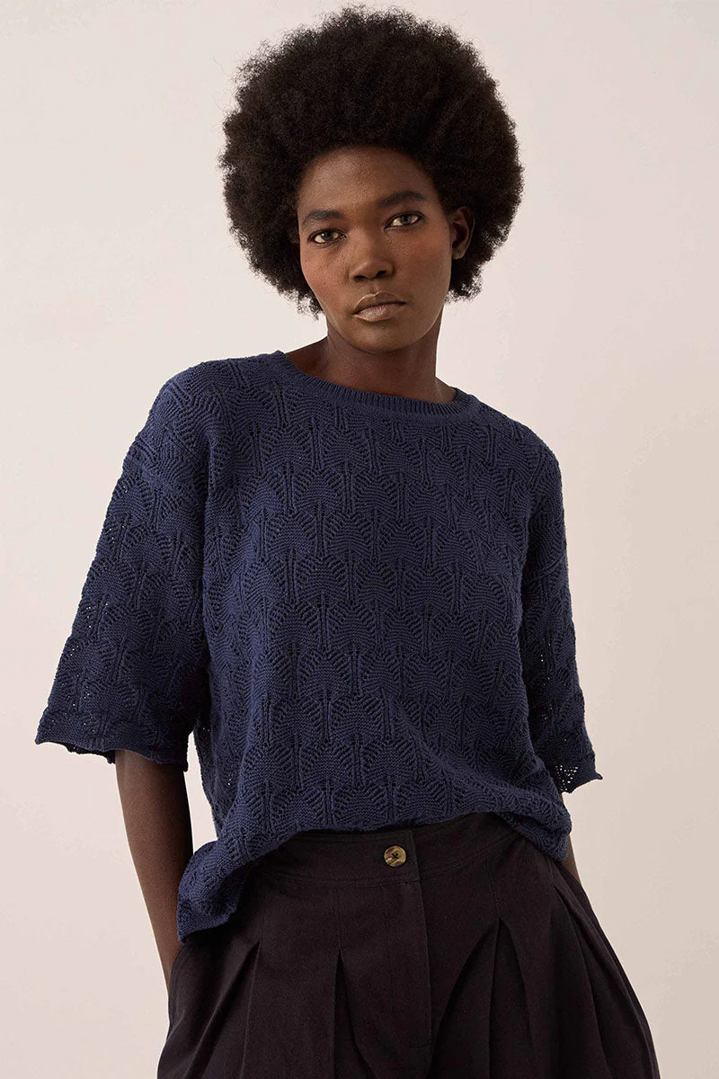Flora Pointelle Knit Tee Navy