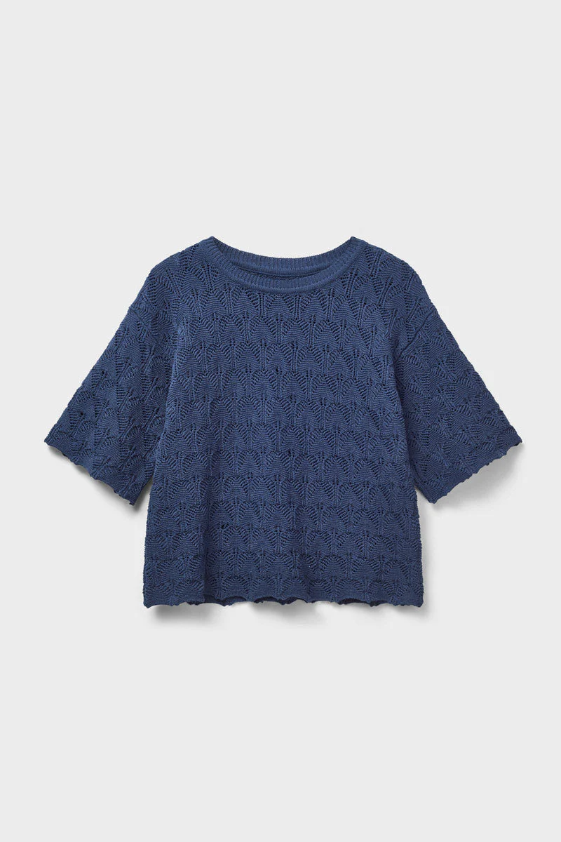 Flora Pointelle Knit Tee Navy 2