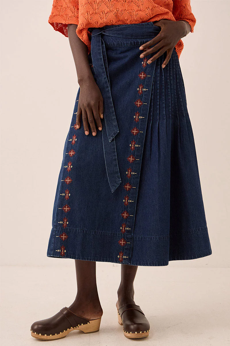 Marion Denim Wrap Embroidered Skirt