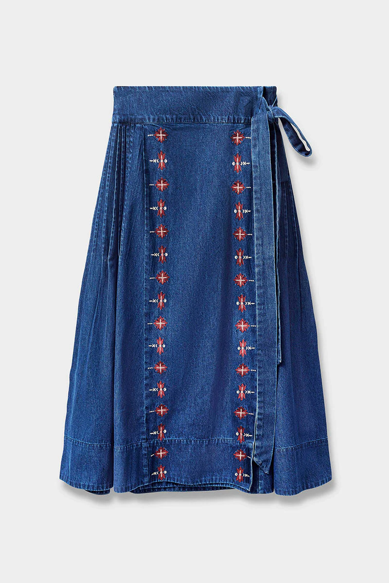 Marion Denim Wrap Embroidered Skirt 2
